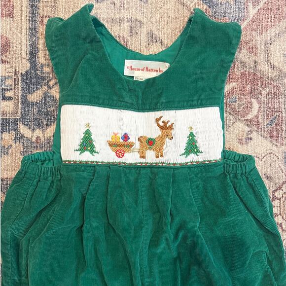 House of Hatten green corduroy Christmas tree smocked boys overalls SIZE 12M - Picture 2 of 5
